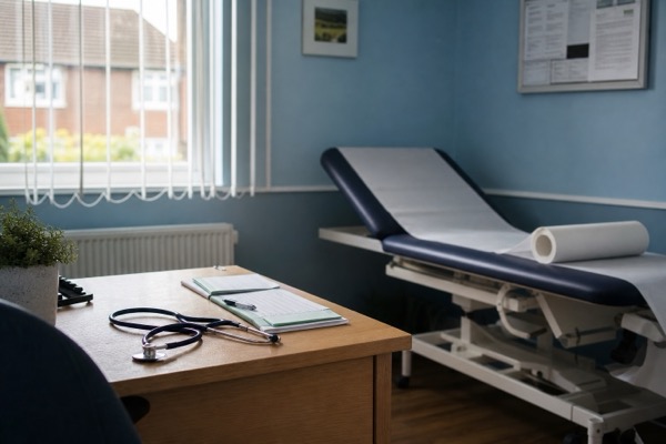 Quiet consulting room with clinical equipment ready for patients