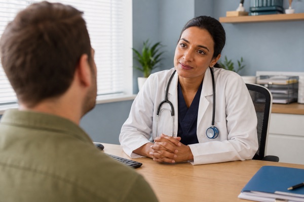 GP listening to a patient during a consultation