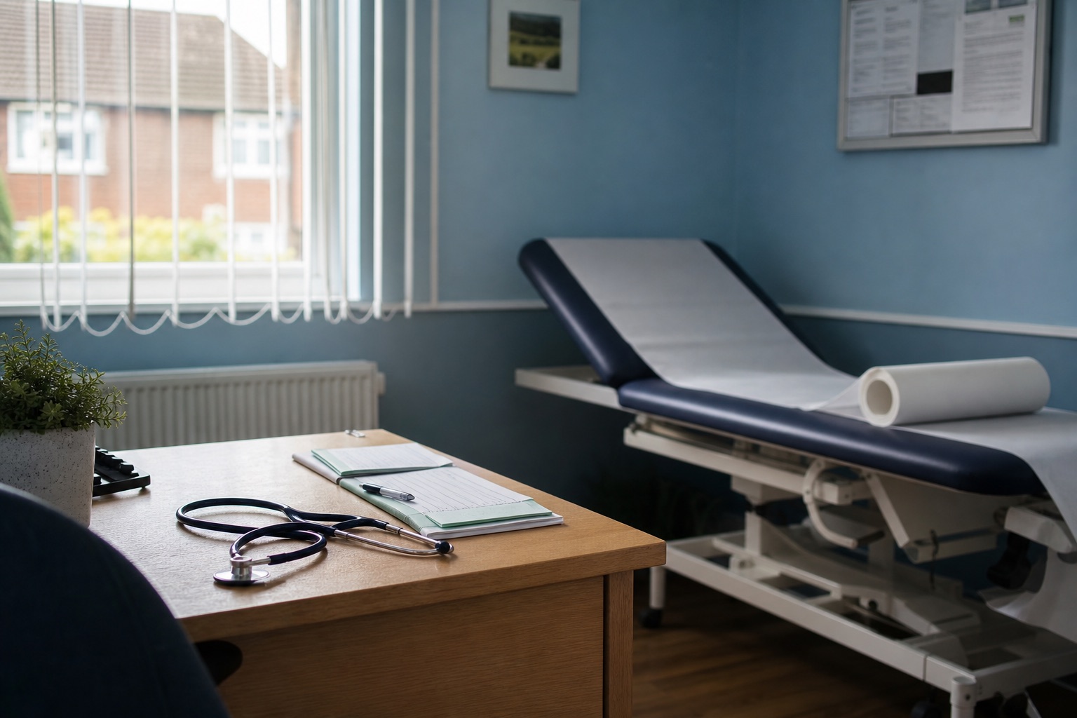 Quiet consulting room with clinical equipment ready for patients